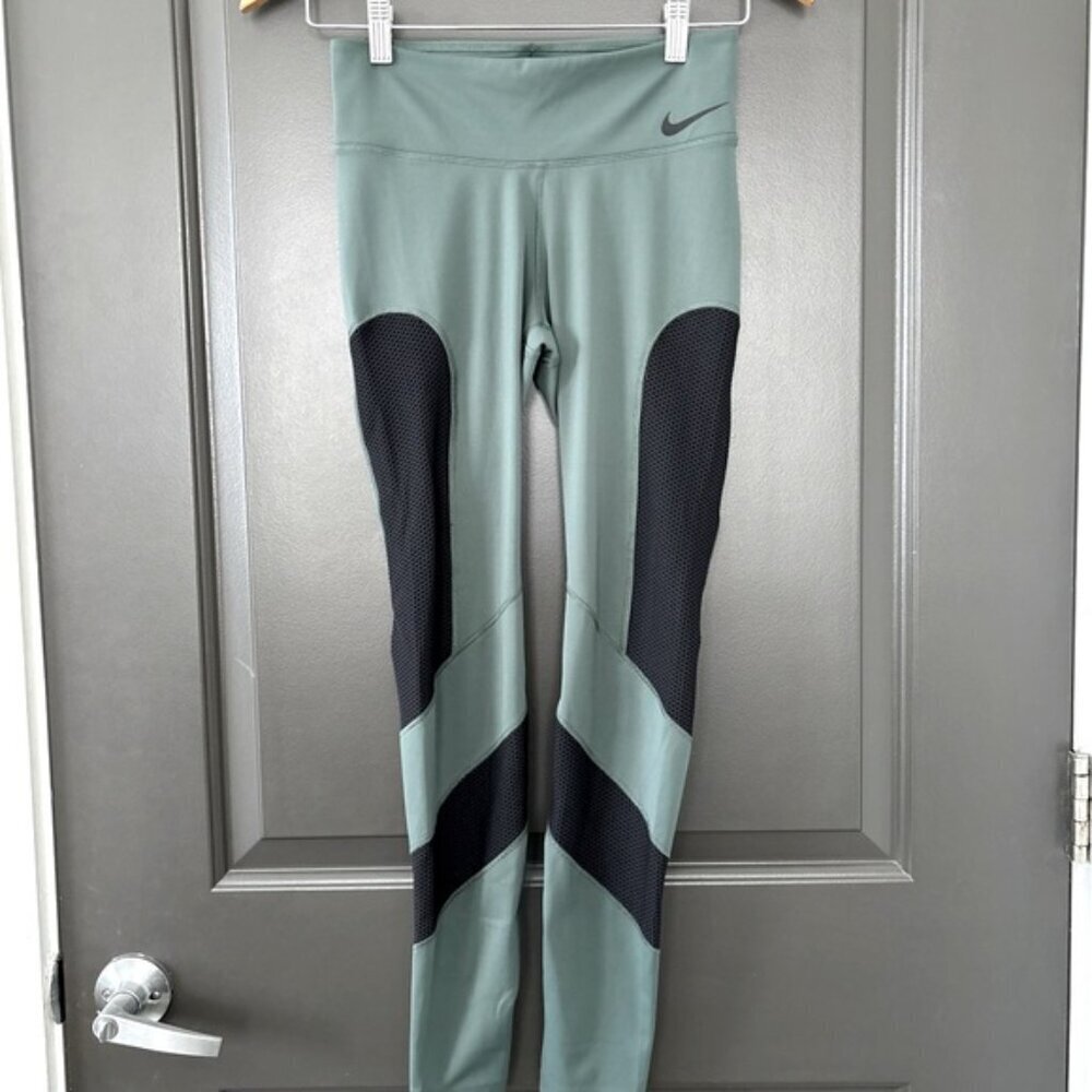 Nike Dri-Fit GREEN & Black Power Window Pane Tights Running Pro Leggings Size S - Picture 3 of 9